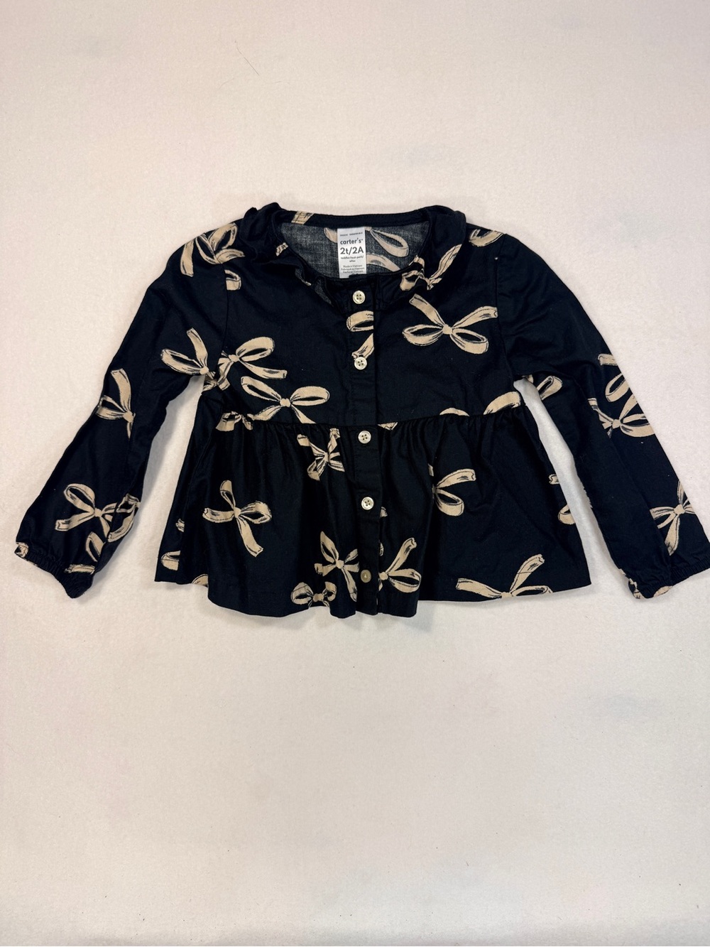 Carters Girls Black Bow-Print Peplum Button-Front Top